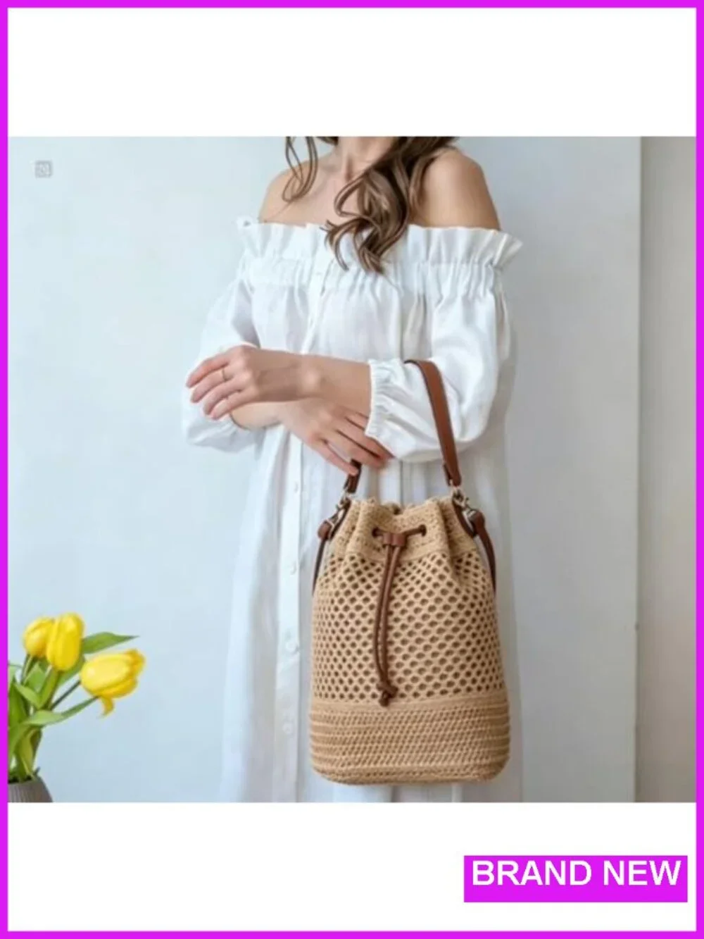 Straw Woven Crossbody Purse, Crochet Beach Bag for Women, Adjustable Drawstring